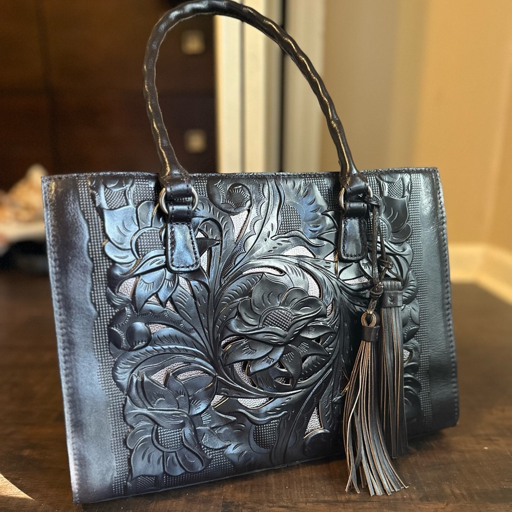Patricia Nash Leather Primrose Smoke Black Satchel Bag - Picture 3 of 8